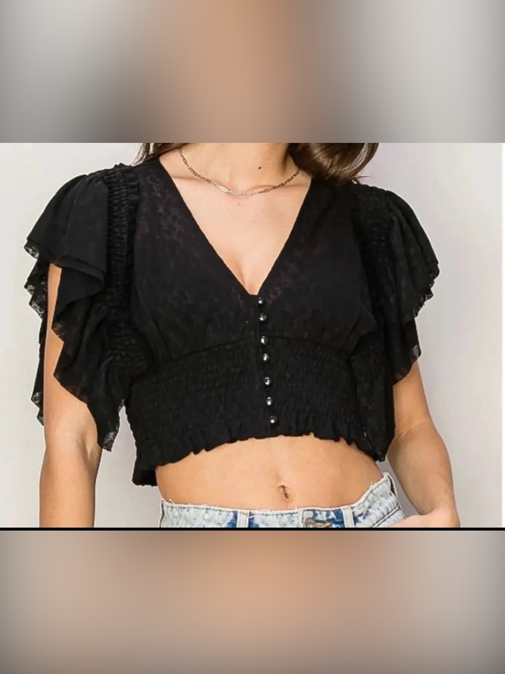 Black V-Neck Smocked Flutter Sleeve Crop Top with Button Front